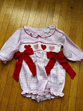 Pink Heart Smocked One-Piece with Red Bows